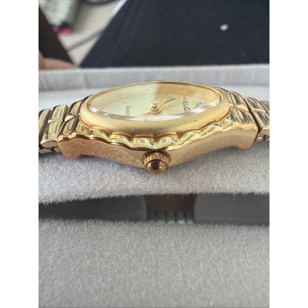 Vintage Elgin Diamond Ladies Watch Oval Textured Dial Gold Tone Stretch Band NEW - Picture 4 of 15